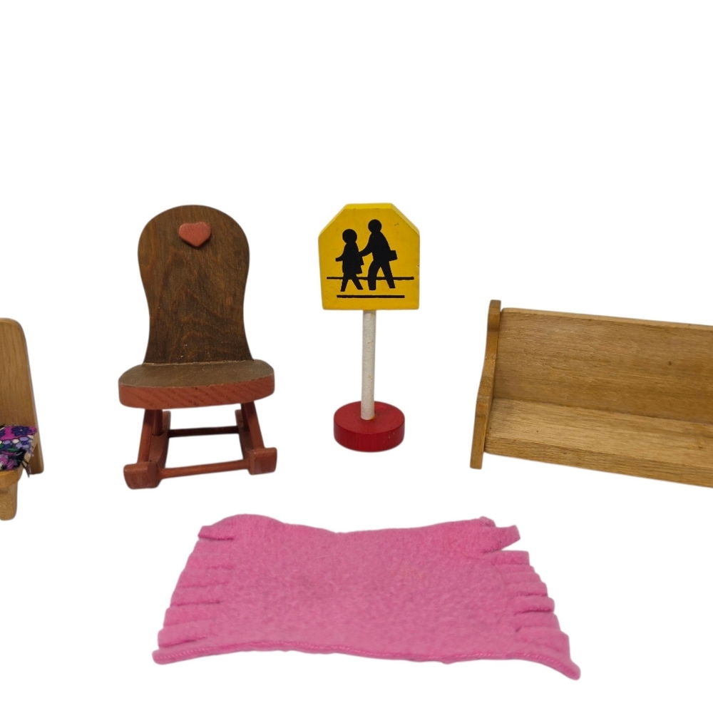 Wooden Doll Furniture with Pink Prrend Play Blanket